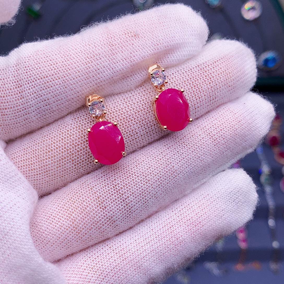 红宝石耳饰银S925镶嵌