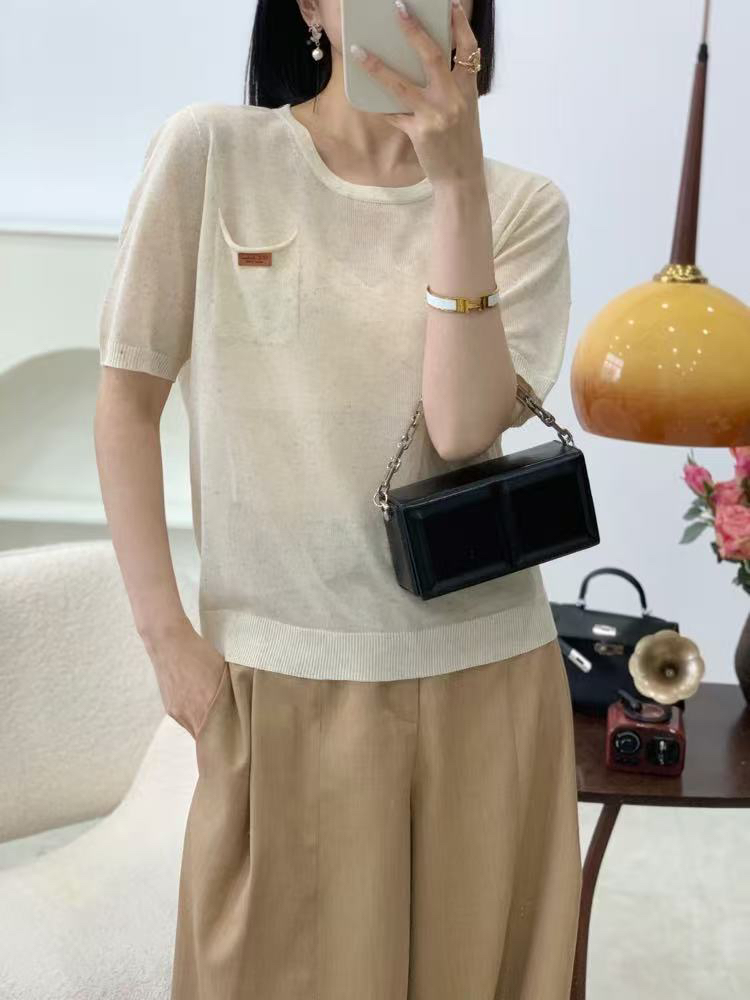 天丝亚麻夏季常规短袖女士纯色毛针织衫显瘦休闲白色上衣套头