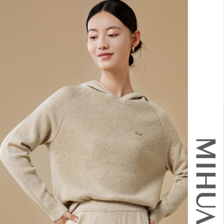 《粉丝专享》连帽斜肩100%山羊绒女衫宽松秋冬女装套头针织522105