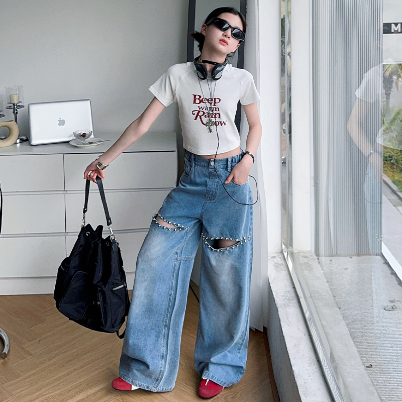 女童套装美式辣妹短袖T恤薄款破洞牛仔直筒裤两件套2025夏新童装