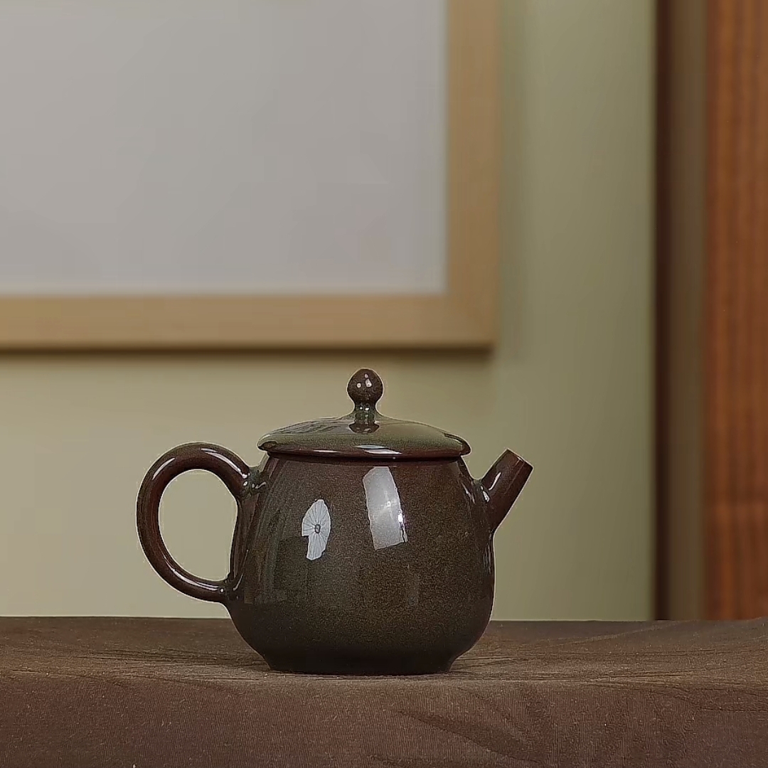 抹茶咖色茶壶黑胎严卫恩龙泉青瓷纯手工复古家用