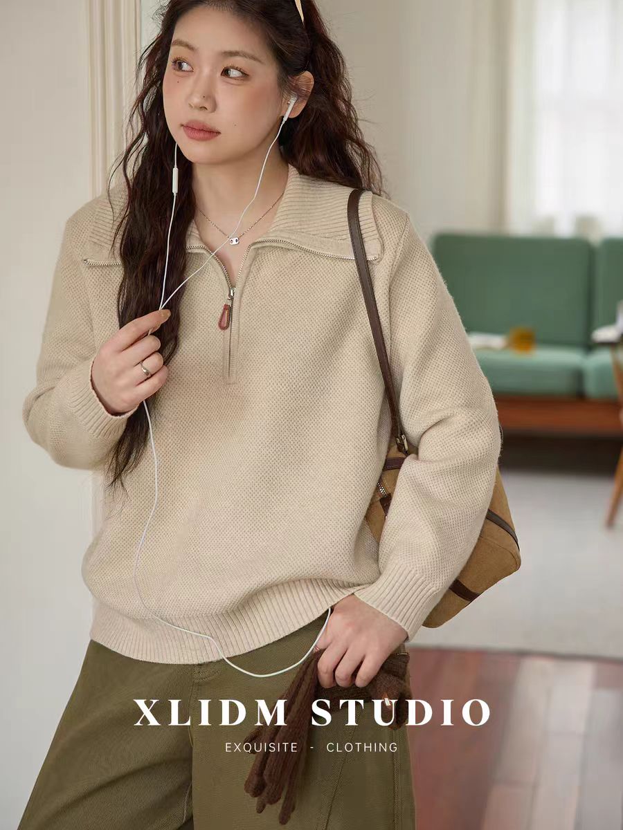 大码女装胖MM韩版高领半拉链翻领针织毛衣新款设计感外穿上衣2637