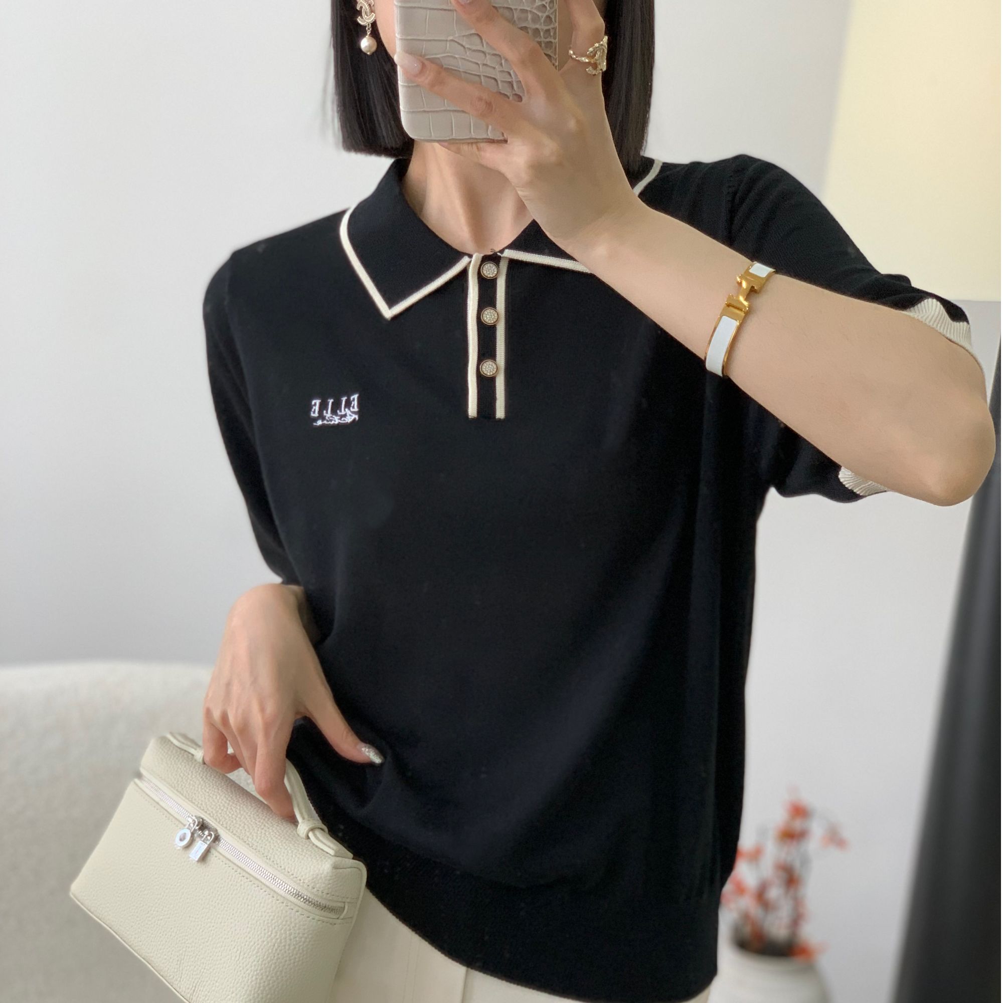 【例畔精选】夏季时尚气质POLO领三粒扣刺绣洋气百搭针织衫A127#