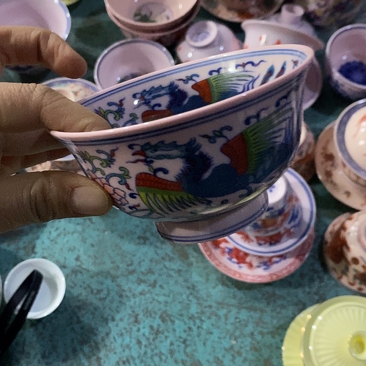 摆件陶4.5寸红稀土内外画斗彩龙凤碗