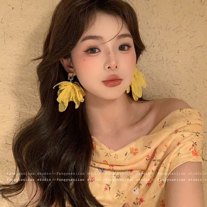 合金耳饰 黄色方糖水晶雪纺花瓣耳钉女2025年高级感耳环气质耳饰