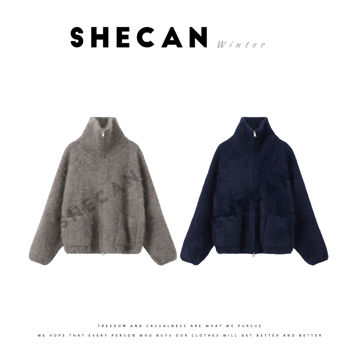 SHECAN【暗风花语】慵懒风爽拉链高领拉毛羊毛开衫上衣5DC113
