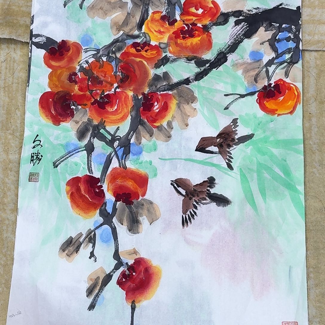 国画四尺三开花鸟