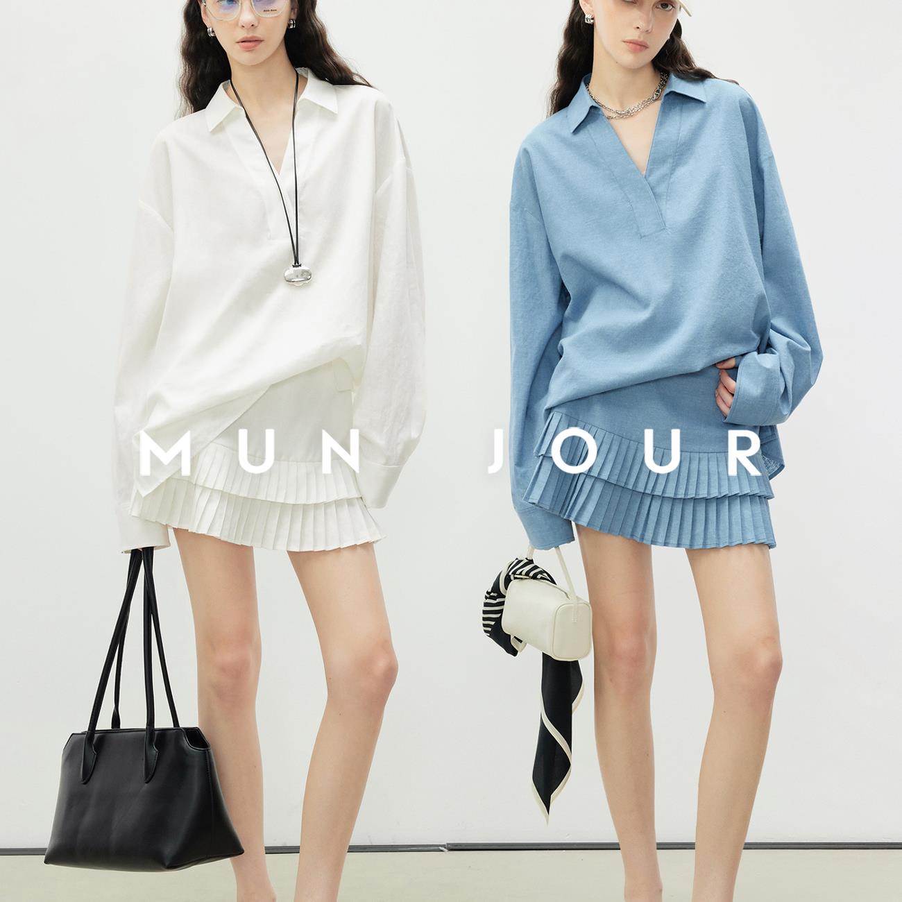 “呼吸感”亚麻混纺 松弛时髦翻V领廓形衬衫&A摆压褶短款半裙套装