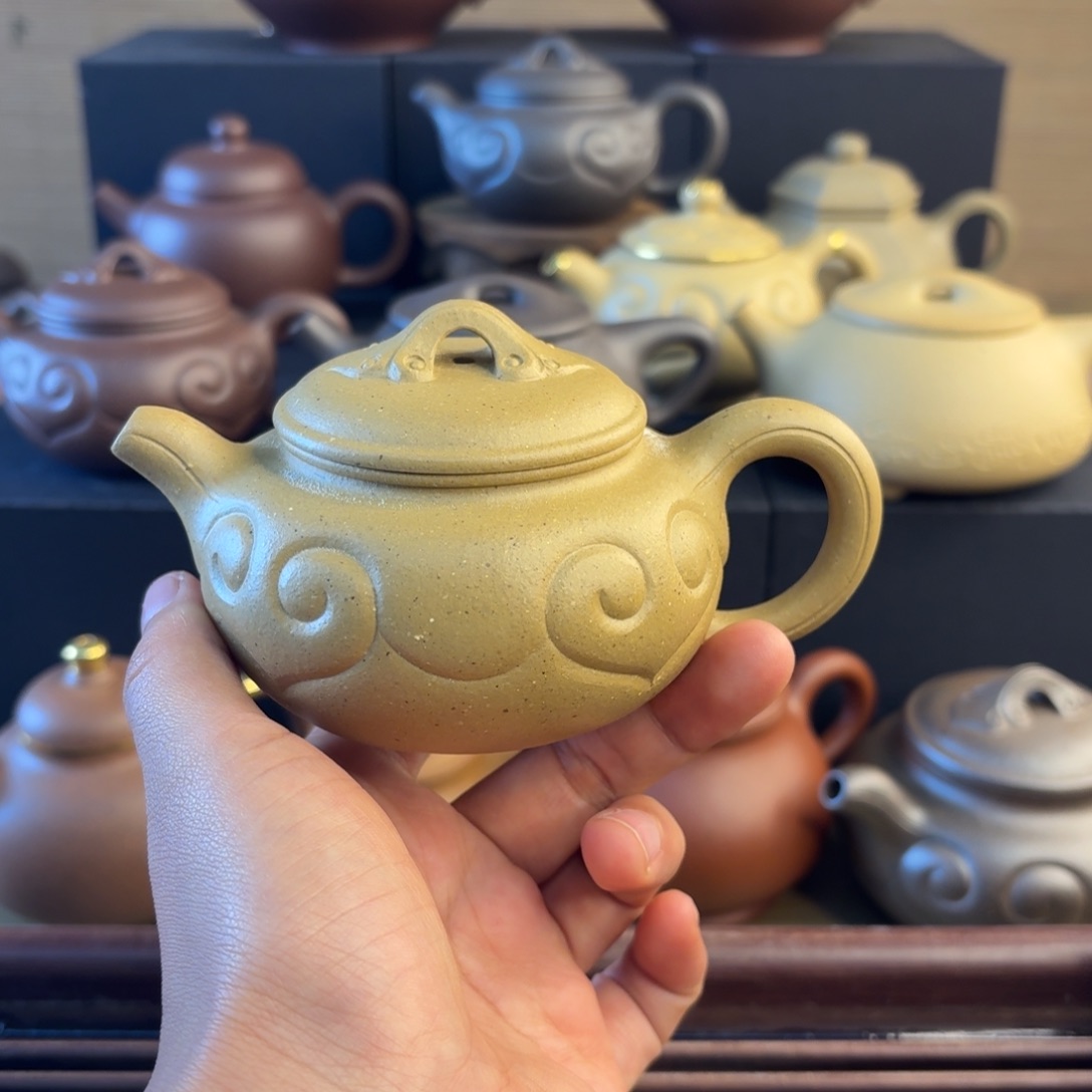 绿泥茶壶大水谭梨皮绿全手如意