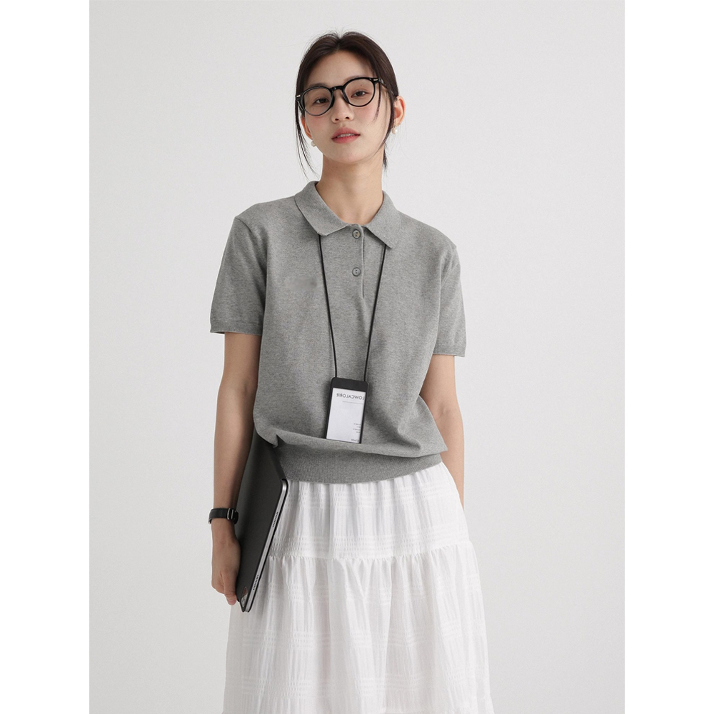 高级感灰色百搭女夏季新款针织衫polo领T恤简约休闲短袖薄款上衣