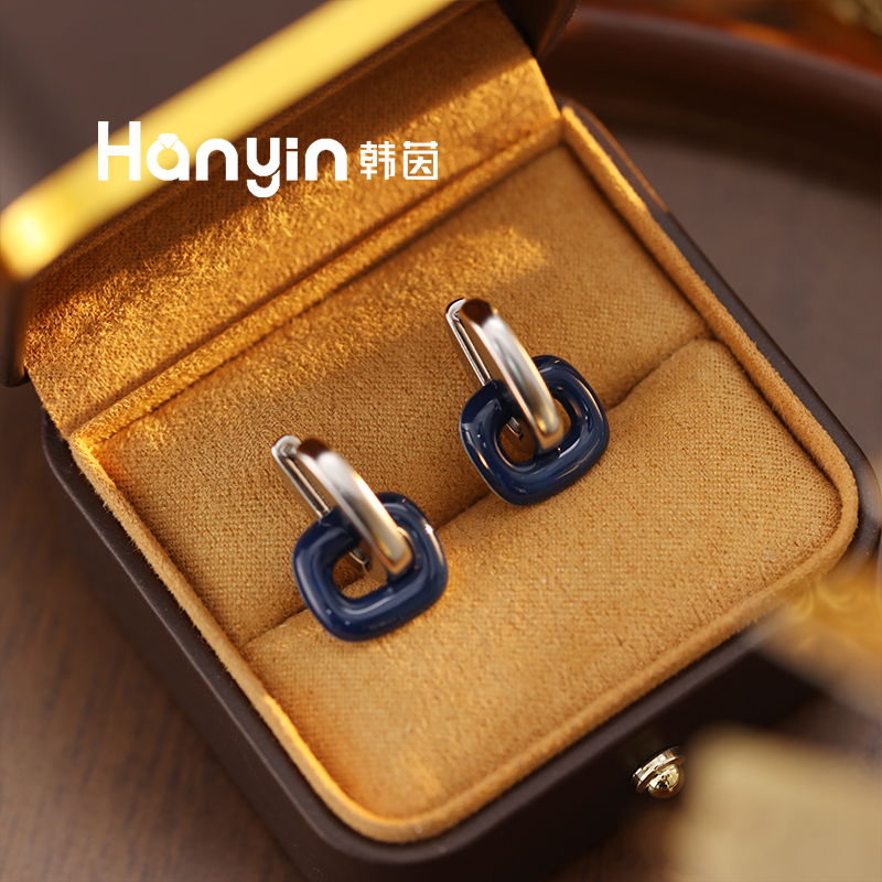 铜合金珐琅耳饰 时尚百搭撞色环环相扣U形提篮耳扣小众气质