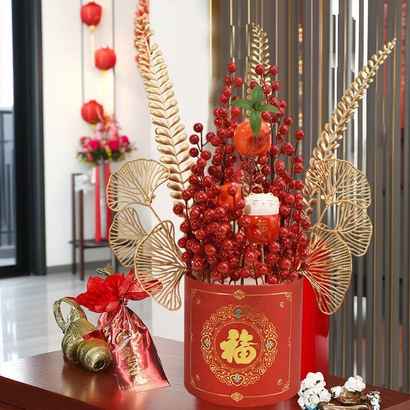 厂  节日装饰摆件发财果绒布福桶