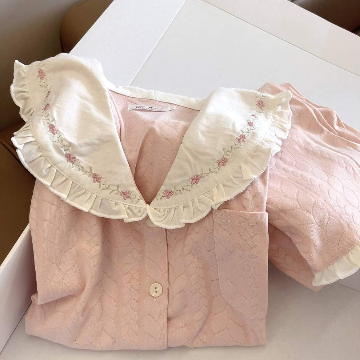 新款ins甜美v领荷叶边睡衣女春秋韩版碎花学生可外穿家居服两件套