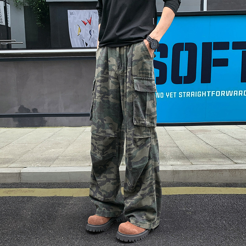 美式高街vibe风褶皱迷彩裤男春夏复古嘻哈牛仔裤宽松阔腿微喇裤子