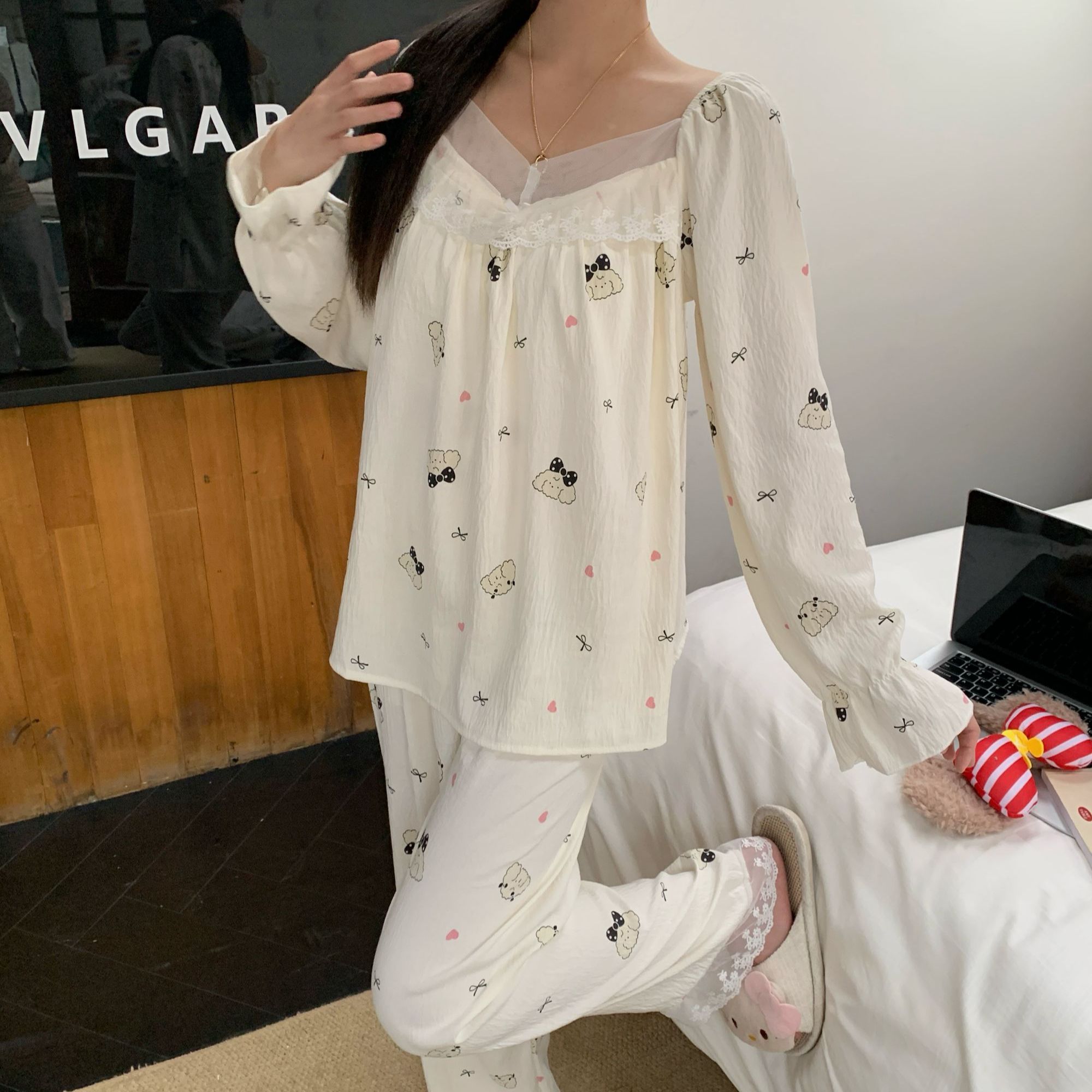 庆同新款大码睡衣秋季带胸垫长袖青年夏季少女家居服套装春天薄款