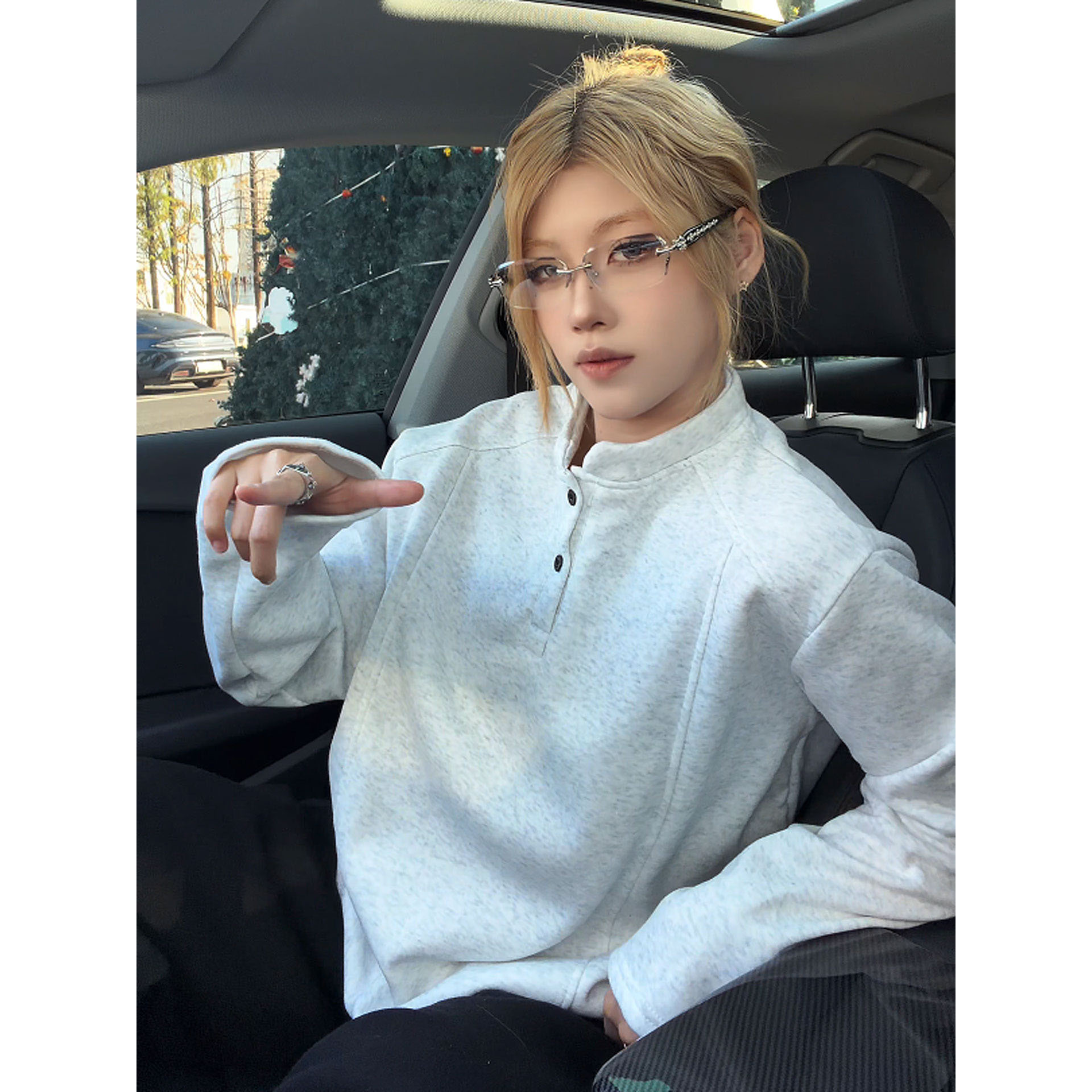 美式高级感花灰色亨利领卫衣男装冬重磅加绒厚内搭长袖T恤打底衫