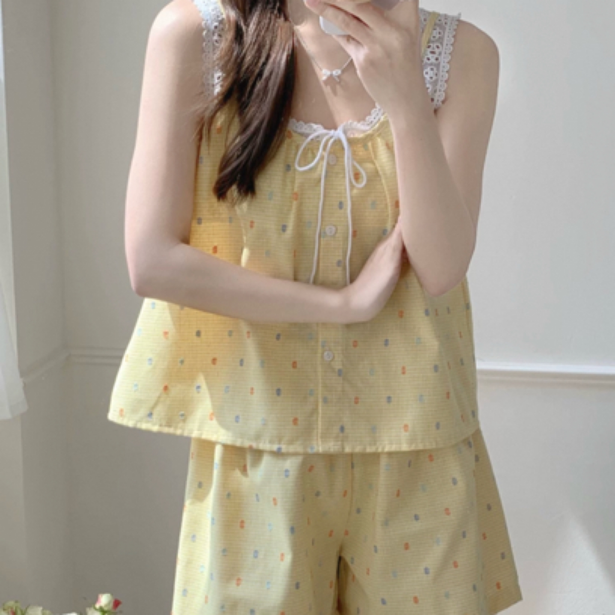 夏季韩版甜美吊带蕾丝波点格子家居服三件套