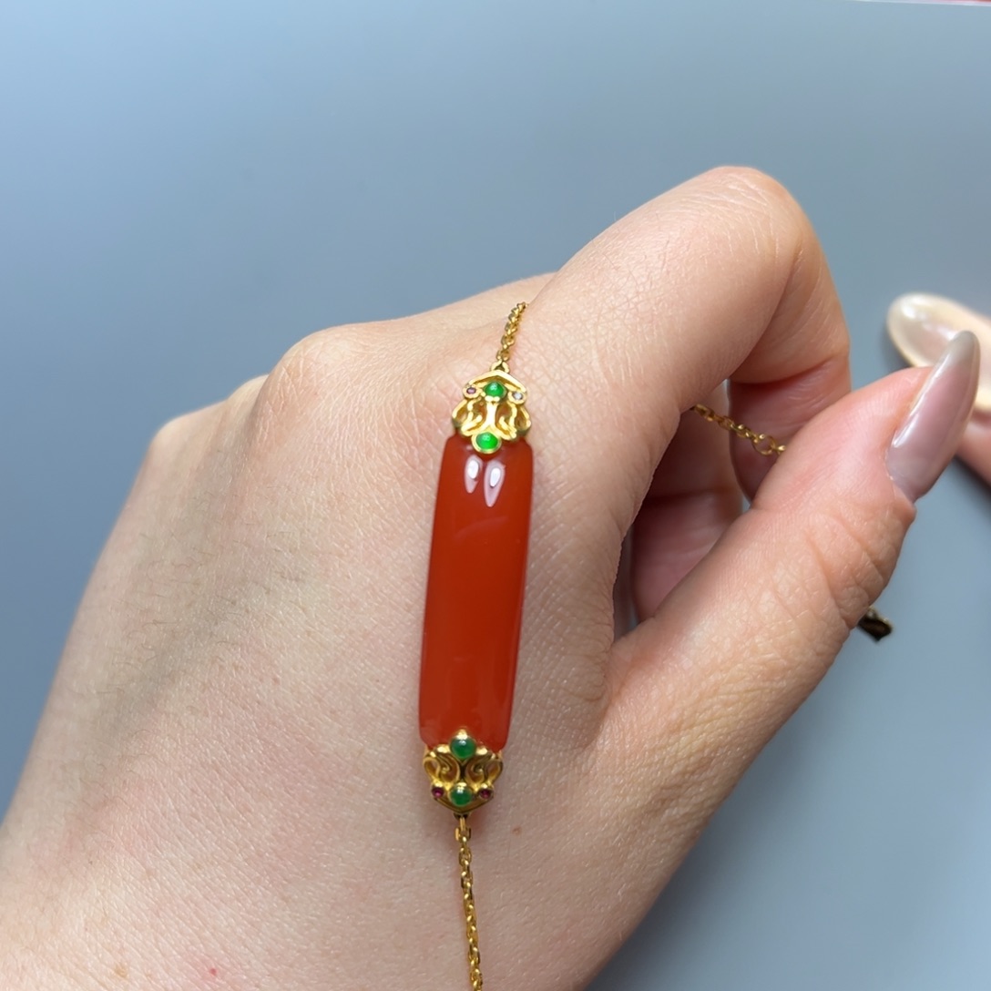 南红玛瑙柿子红手牌手链18K金镶嵌