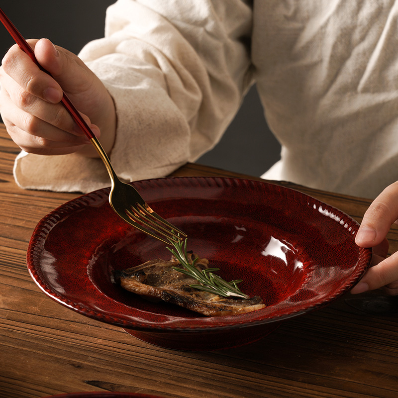 23*5cm 9寸绳边草帽盘意面盘不规则西餐盘家用铁锈红窑变盘子