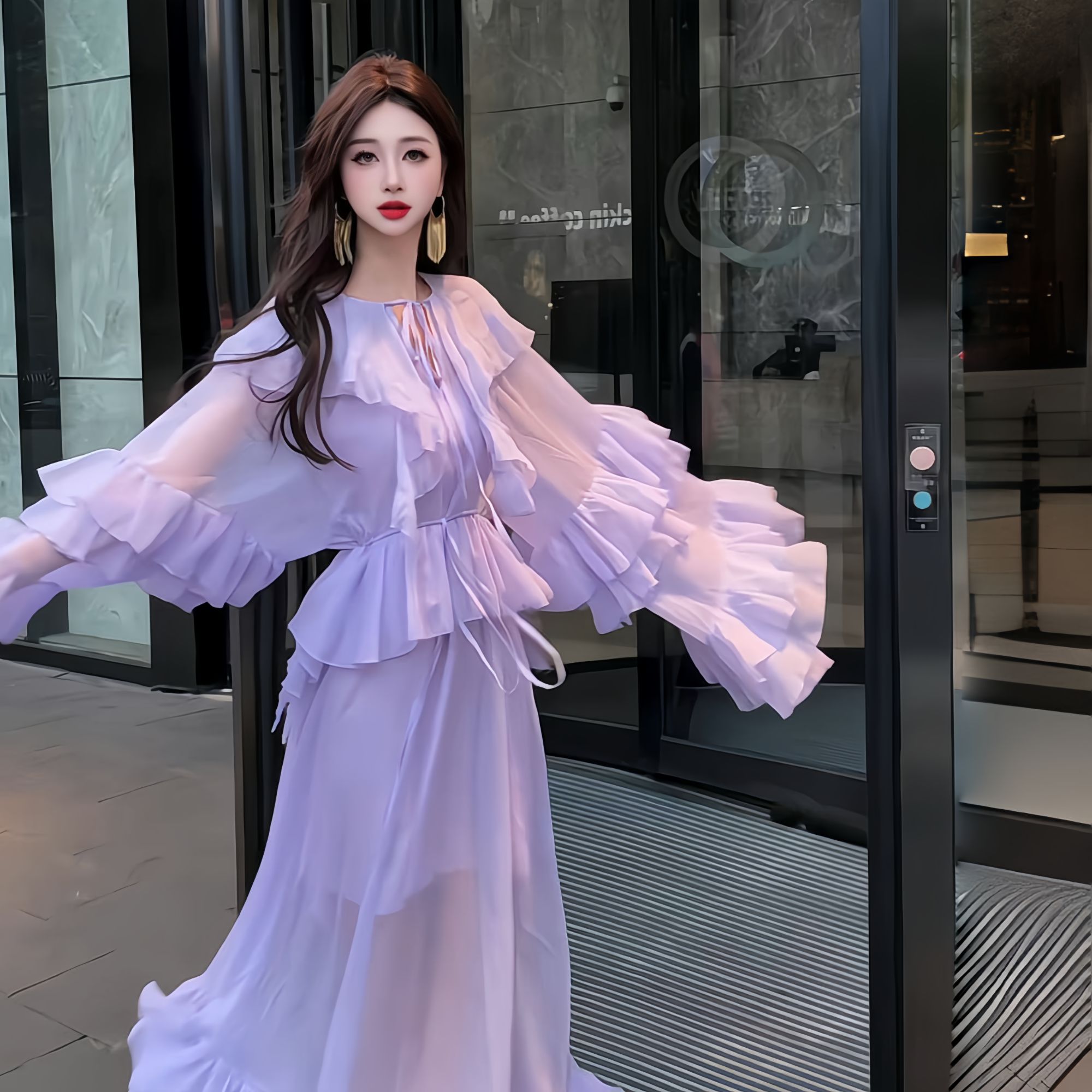 亚町家原创3317轻奢风显瘦女装连衣裙长款法式气质高贵优雅紫色