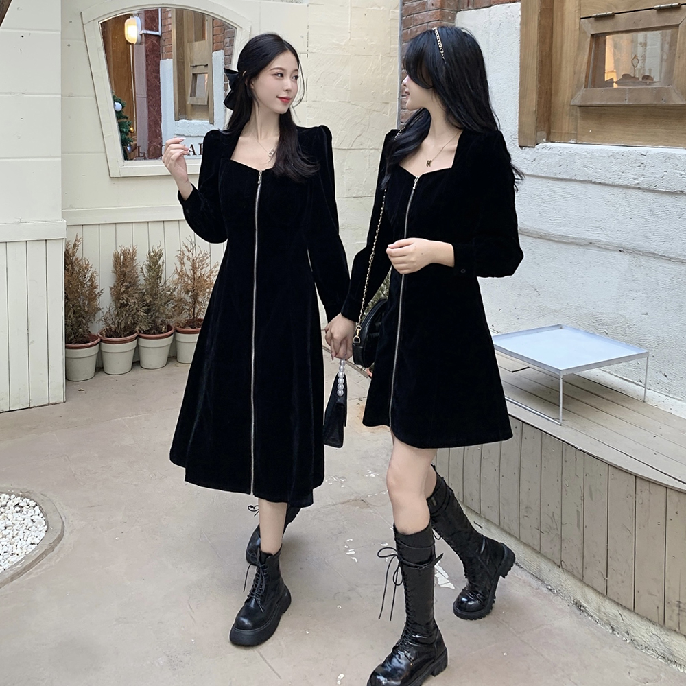 【双11清仓大浮力】秋冬季气质显瘦丝绒中长款连衣裙