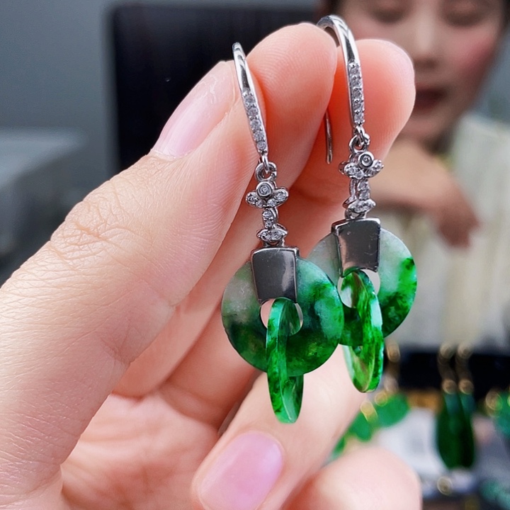 翡翠耳饰银S925镶嵌饰品