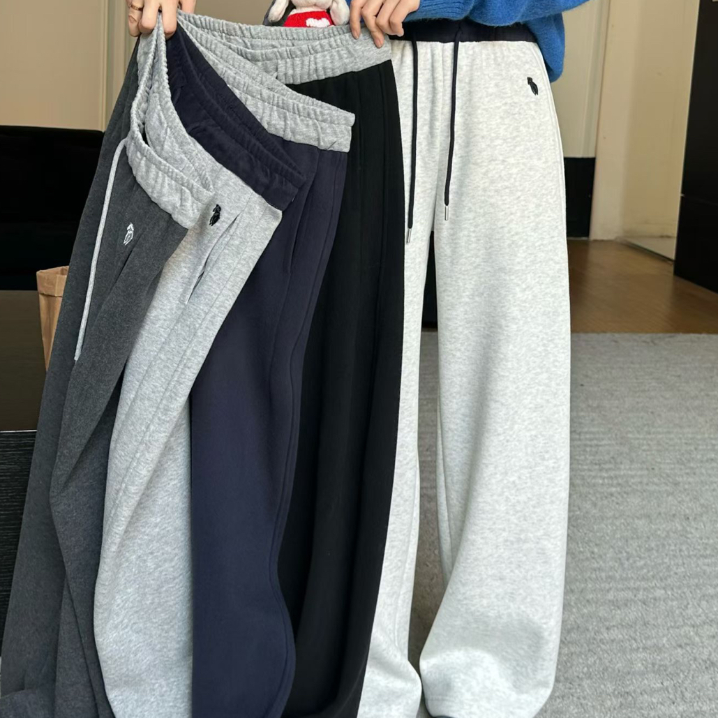 简欧风针织刺绣抽绳长裤男女同款冬季百搭休闲裤直筒型