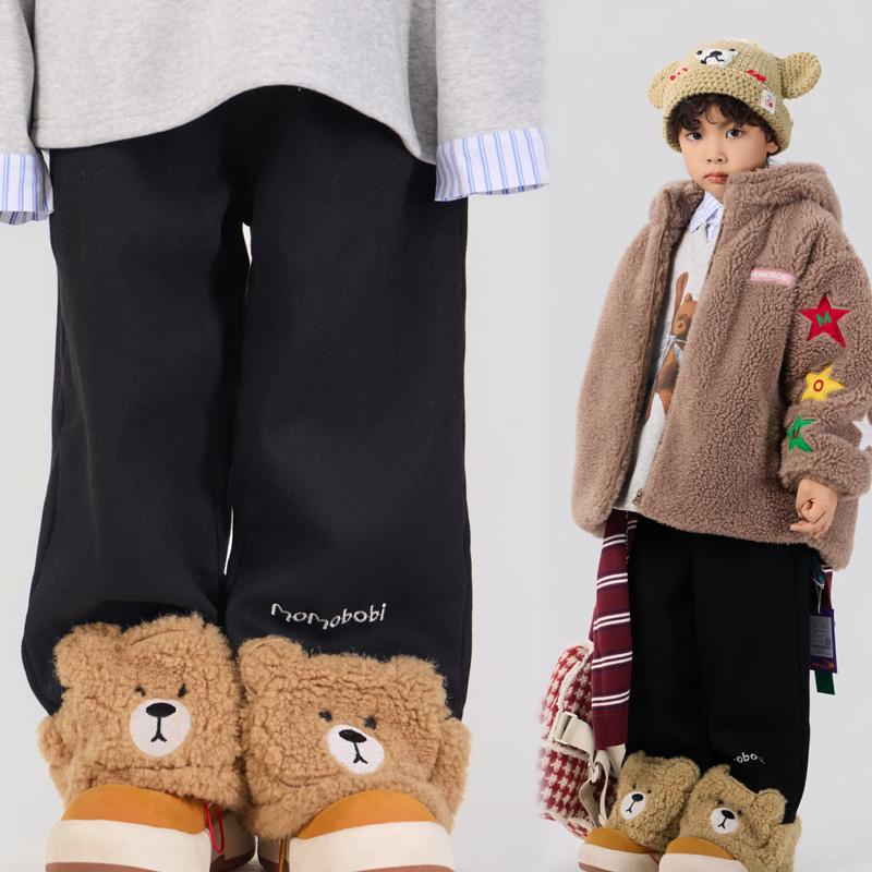 momobobi自制冬款儿童休闲裤个性可爱小熊拼接长裤百搭宽松加绒裤
