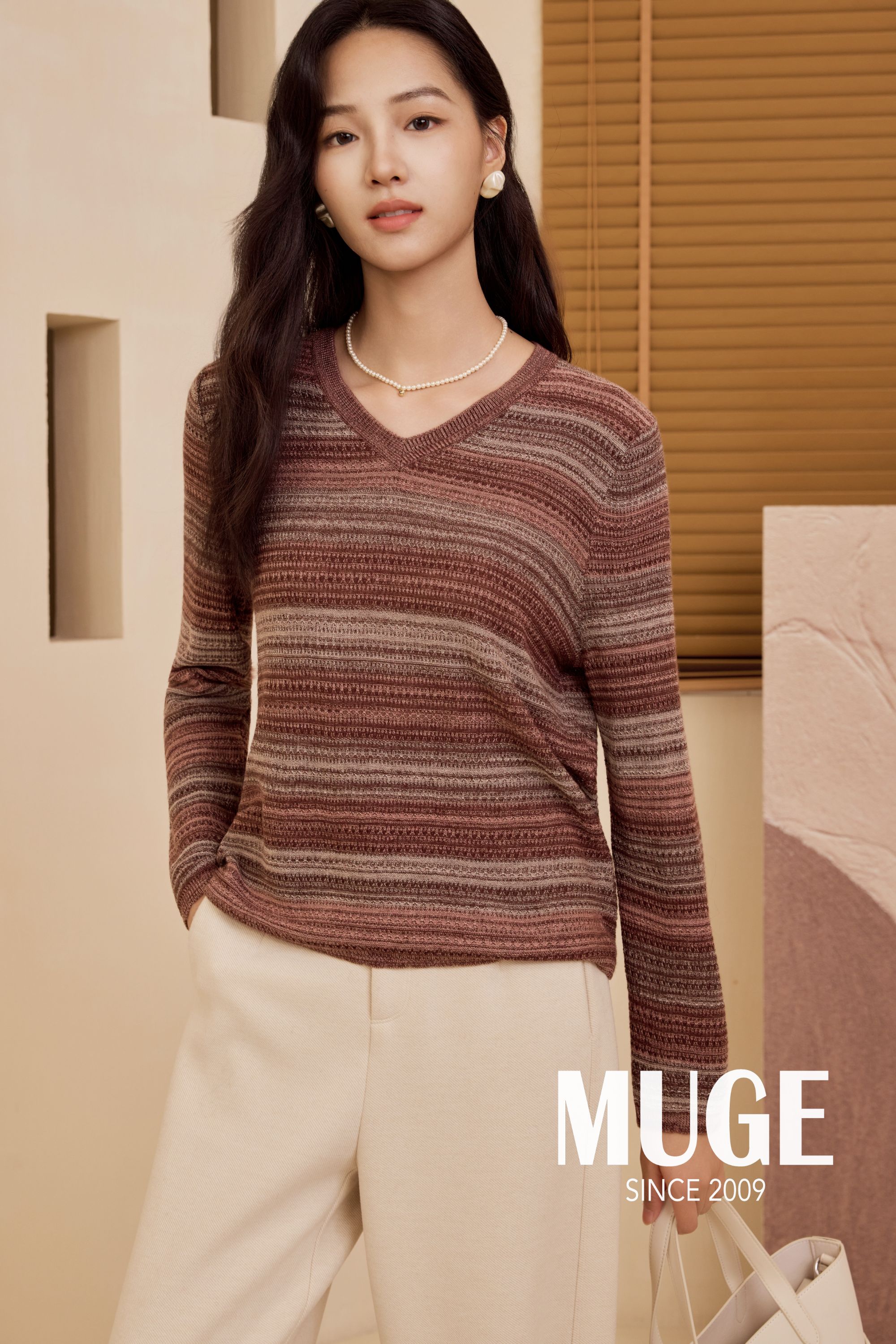 慕歌MUGE/套头款长袖拼色条纹薄款毛针织衫 521115
