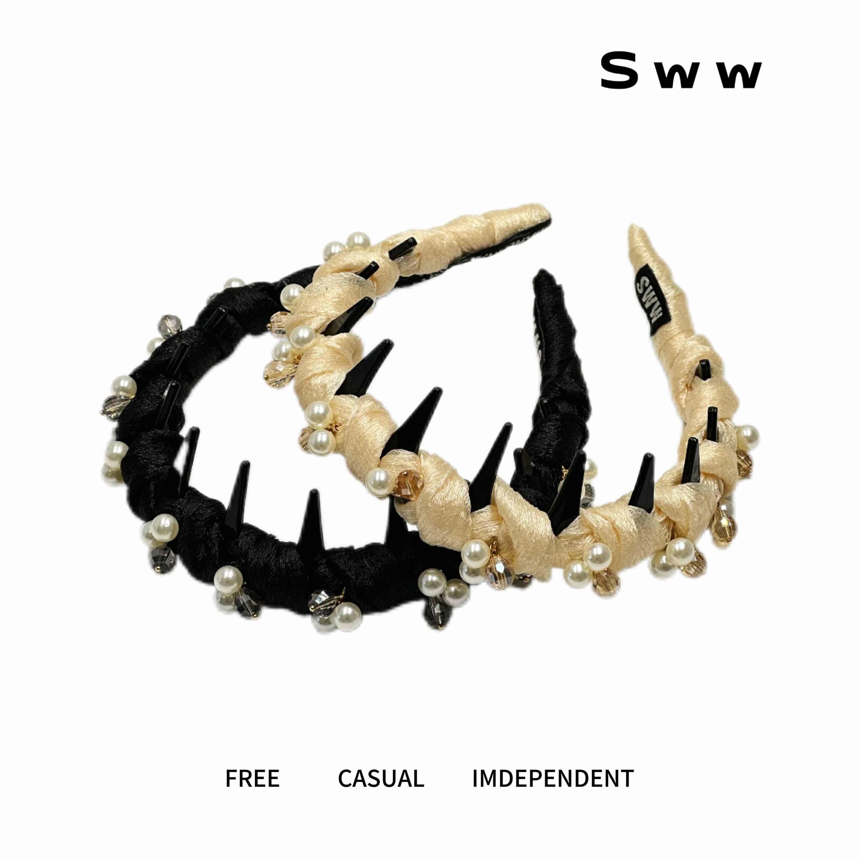 SWW小香风珠珠高颅顶发箍超仙手工缠绕齿梳网红气质正反两戴发箍
