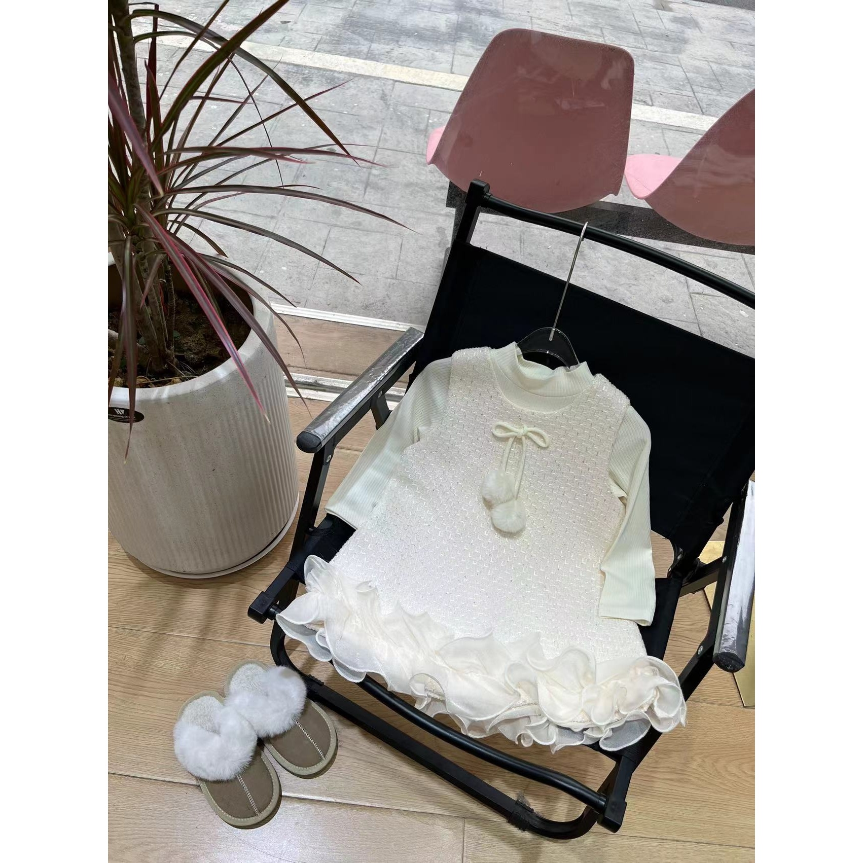 TX-6121 - 儿童国风百搭重工蝴蝶结毛球两件连衣裙（春款）