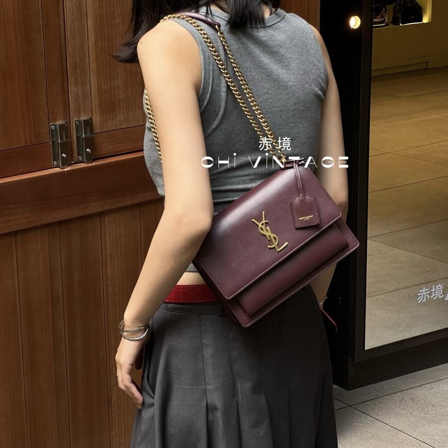 99新 YSL/圣罗兰 0063 红色光面牛皮sunset单肩包中号