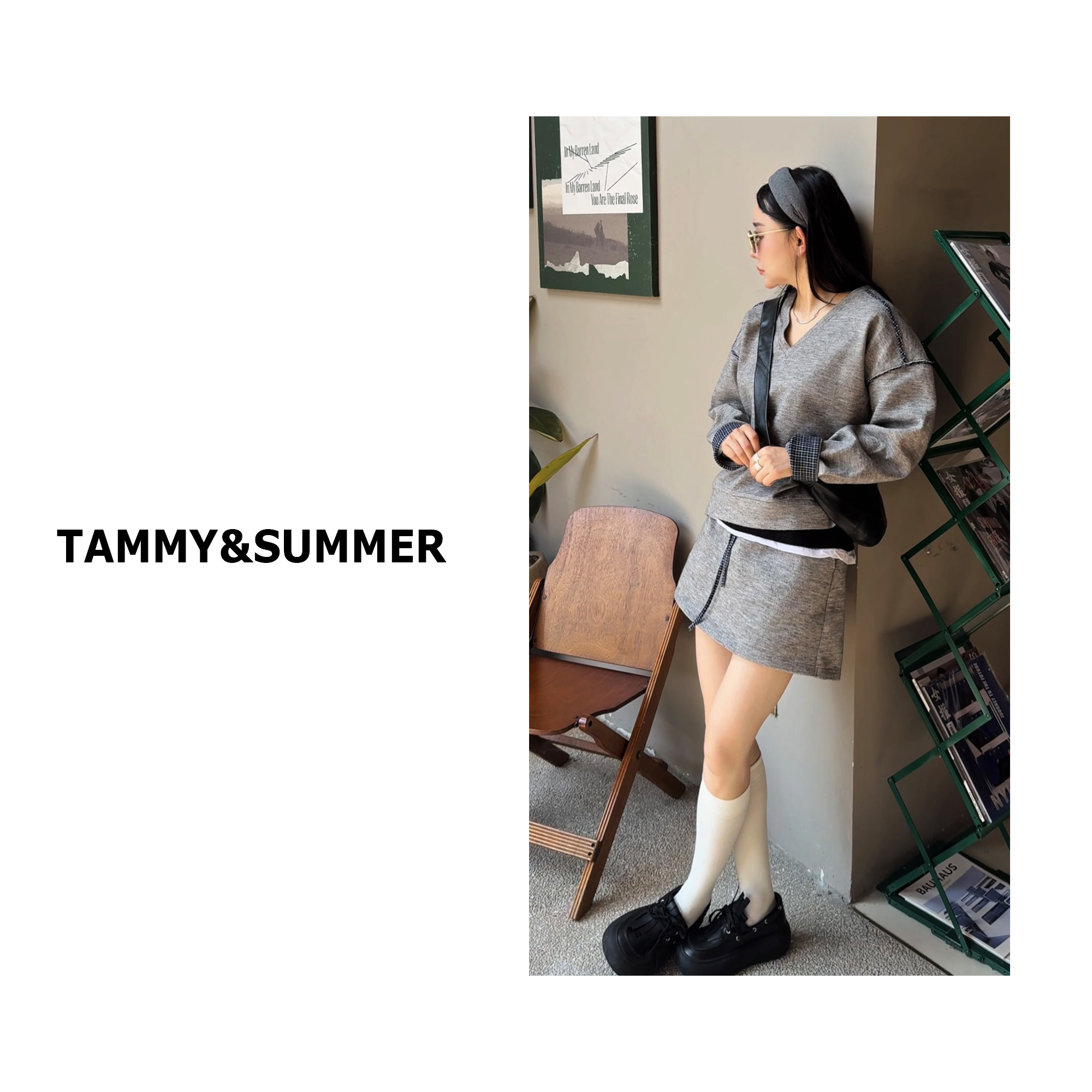 【Tammy&Summer】宽松百搭灰色卫衣松紧腰拼接格子裙裤套装269880