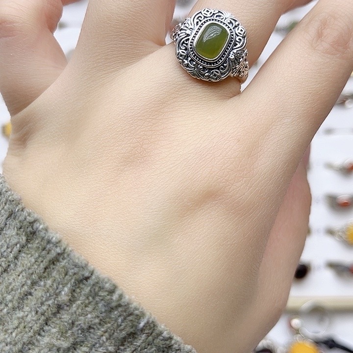 和田玉戒指银S925镶嵌天然