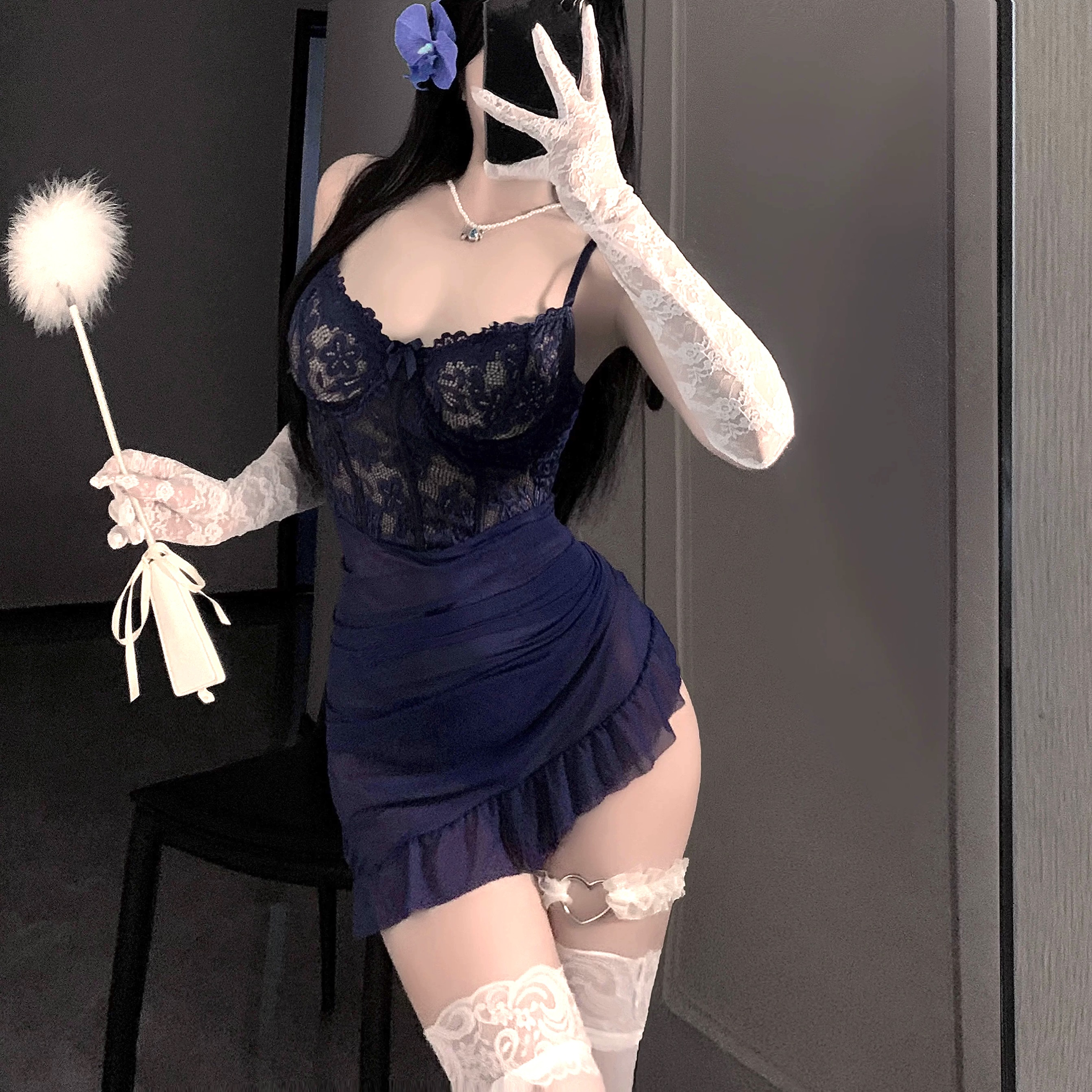 密恋【蓝调韵味】80-160大码新款时尚蕾丝钢圈镂空花边吊带包臀裙