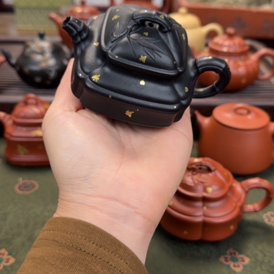 宜兴紫砂四方竹鼓焐灰洒金