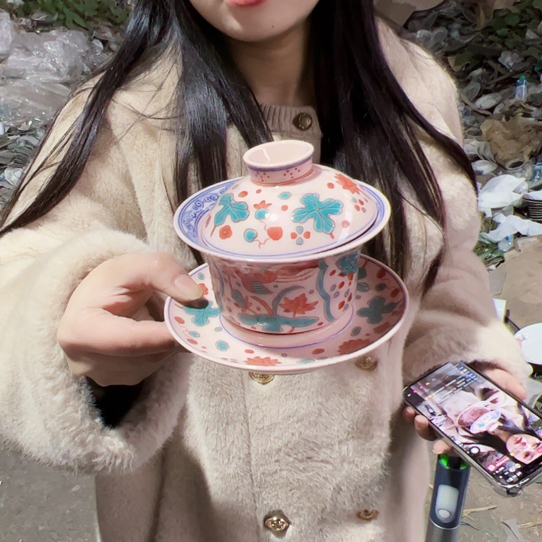摆件陶景德镇红xixi红绿彩三才盖碗