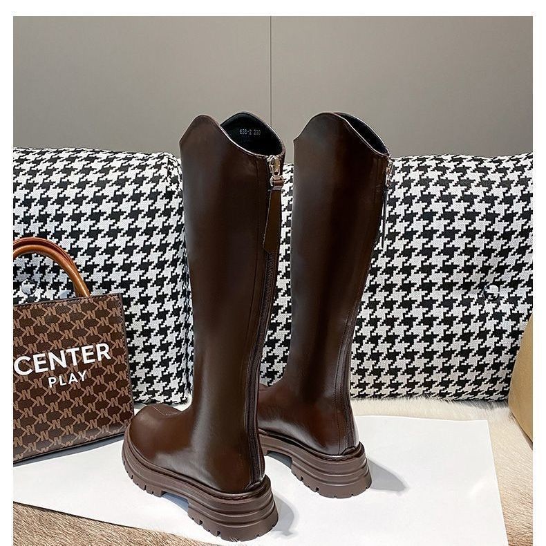 秋冬加绒美拉德高筒靴2025新款小个子增高后拉链长筒靴不过膝长靴