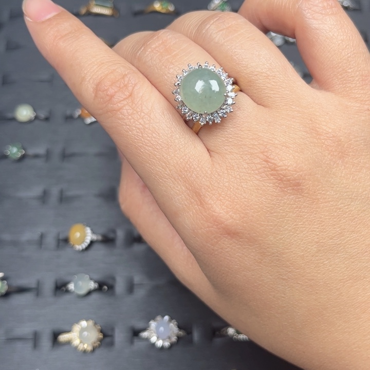 翡翠银S925镀金镶嵌戒指纯天然