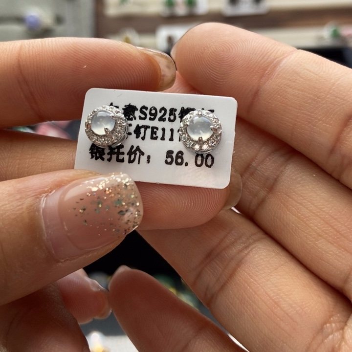 翡翠耳饰银S925镶嵌耳钉