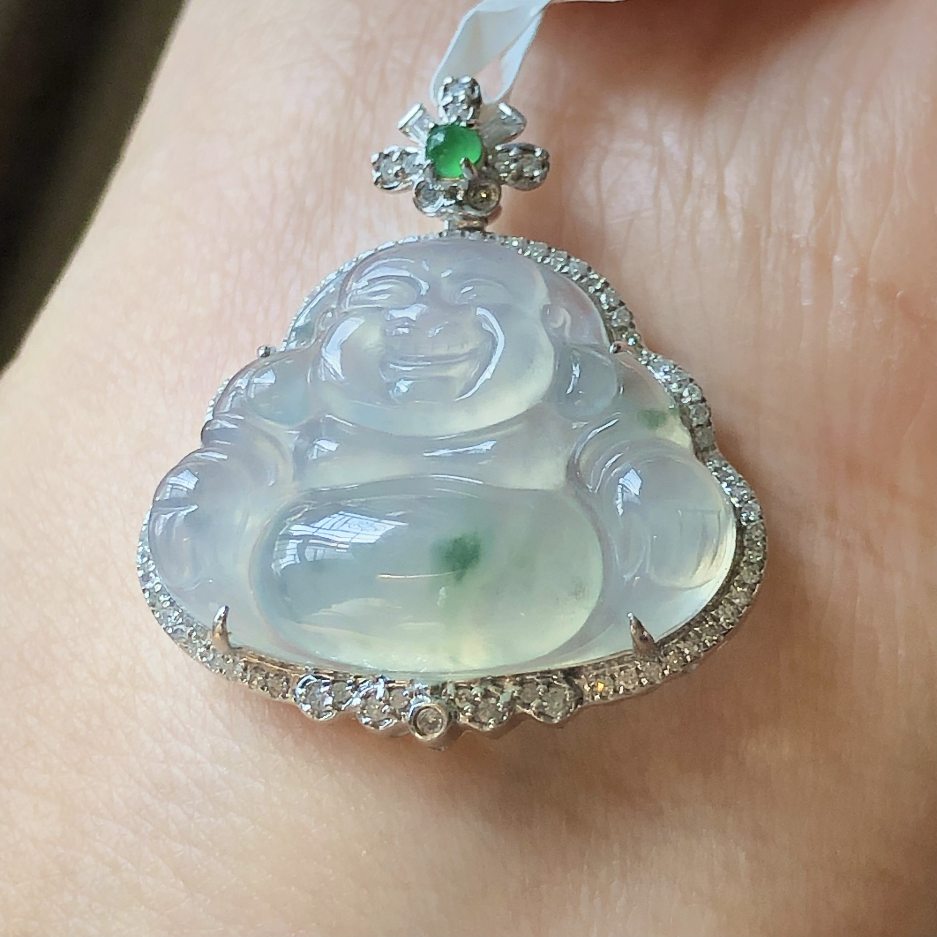 天然A货缅甸翡翠18K金镶嵌老坑冰种飘花佛公吊坠尺寸26/23.6/8.5