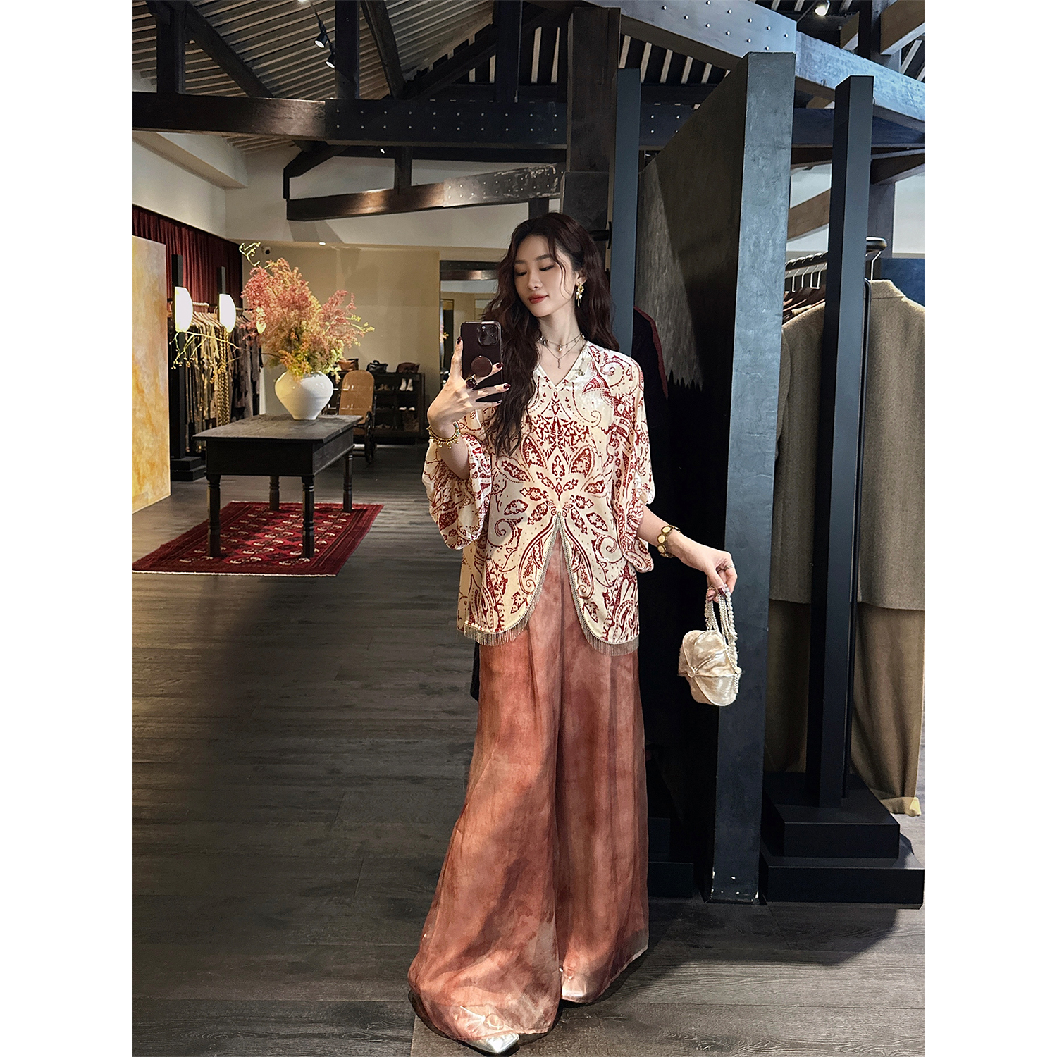 三吉黑花「8/31【厢房梦】100桑蚕丝多层晕染阔腿裤