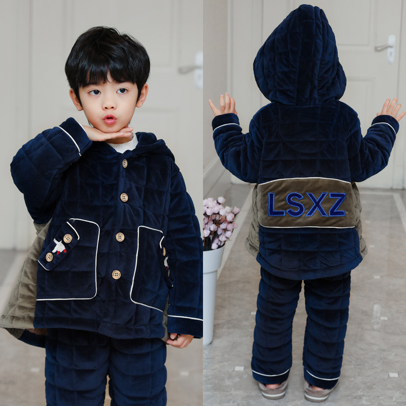 冬季法兰绒海岛绒男童睡衣夹棉男孩小孩家居服加绒加厚款宝宝童装