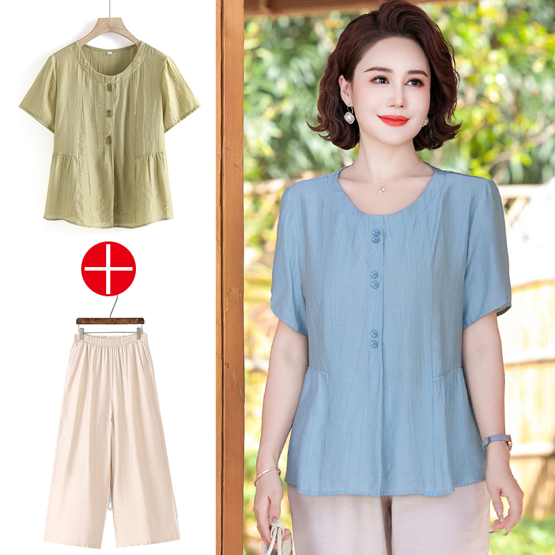 妈妈夏装短袖T恤中年女装小衫宽松中老年薄款洋气上衣服5250