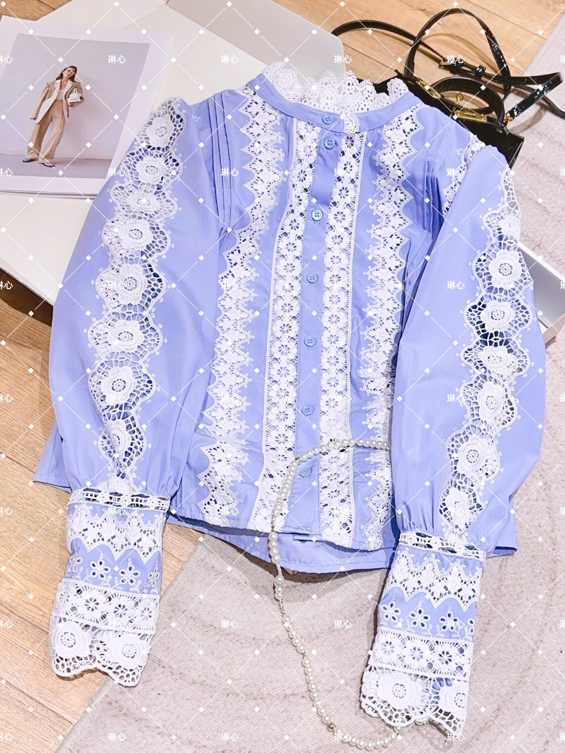 丨春季新款时尚小众设计感蕾丝边蓝色衬衫 1446