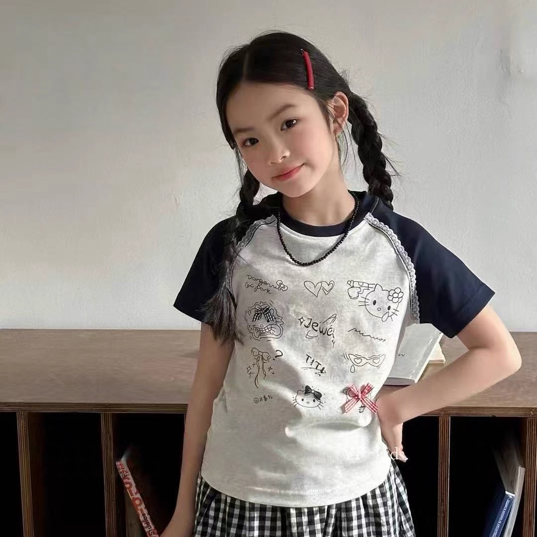 【清货】2025夏卡通凯蒂拼色花边短袖T恤(95%棉) D313 313 M