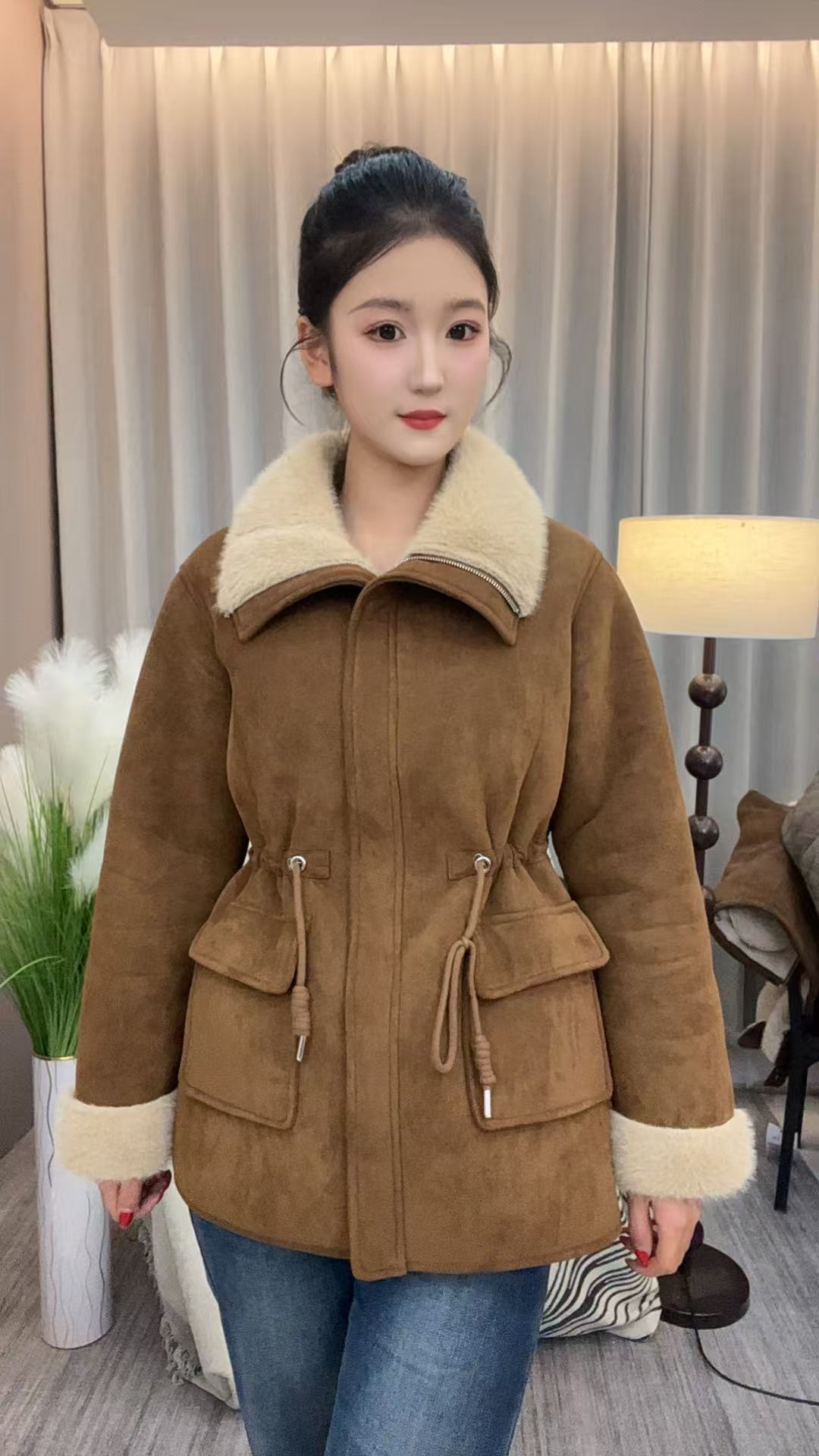 长袖通勤宽松型女直下摆皮毛一体外套女士秋冬外套保暖62款