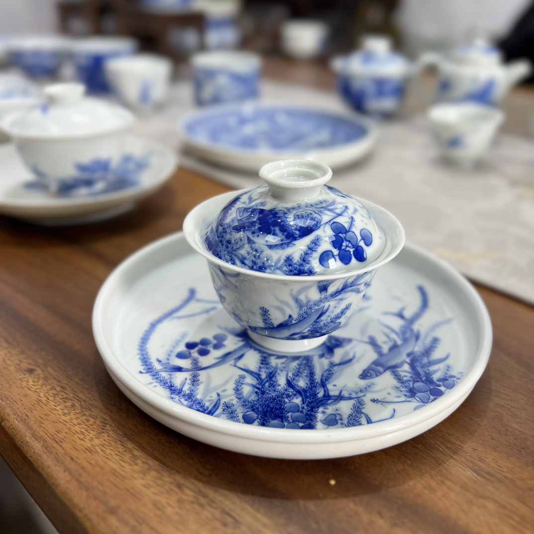 天青山房鱼藻盖碗家用办公室泡茶高档茶具景德镇手绘青花瓷手工