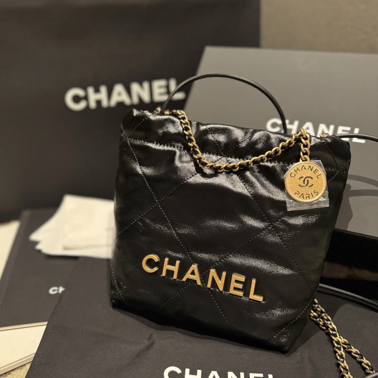 95新 Chanel/香奈儿 青奢荟/黑金迷你垃圾袋斜跨包/90547
