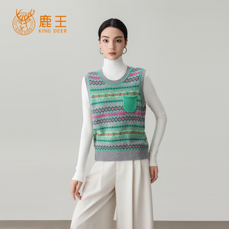 鹿王25秋冬新款女圆领100山羊绒民族风提花提花背心 厚 3M565